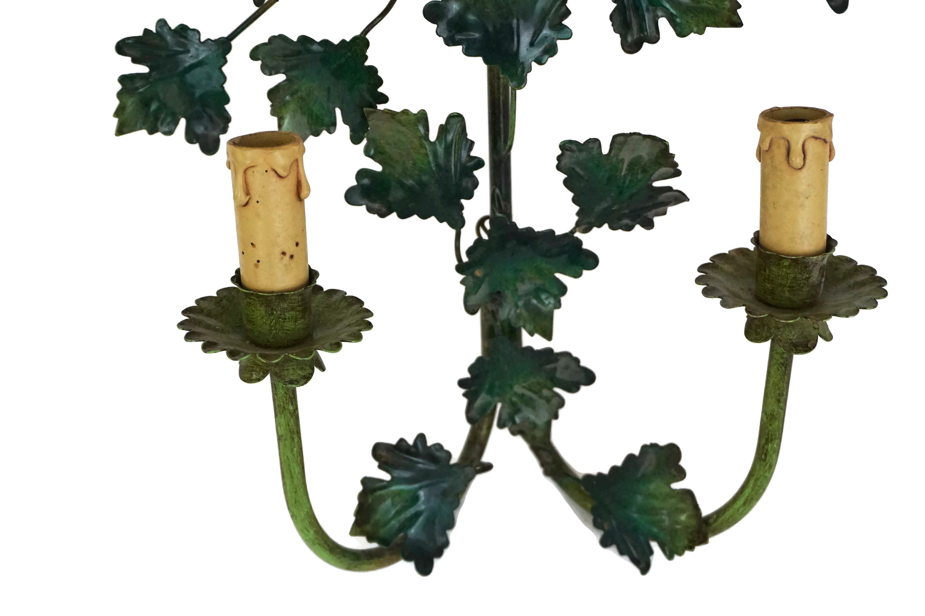 Tole Ivy Leaf Wall Sconce Light Fixtures, Vintage Toleware Candelabra