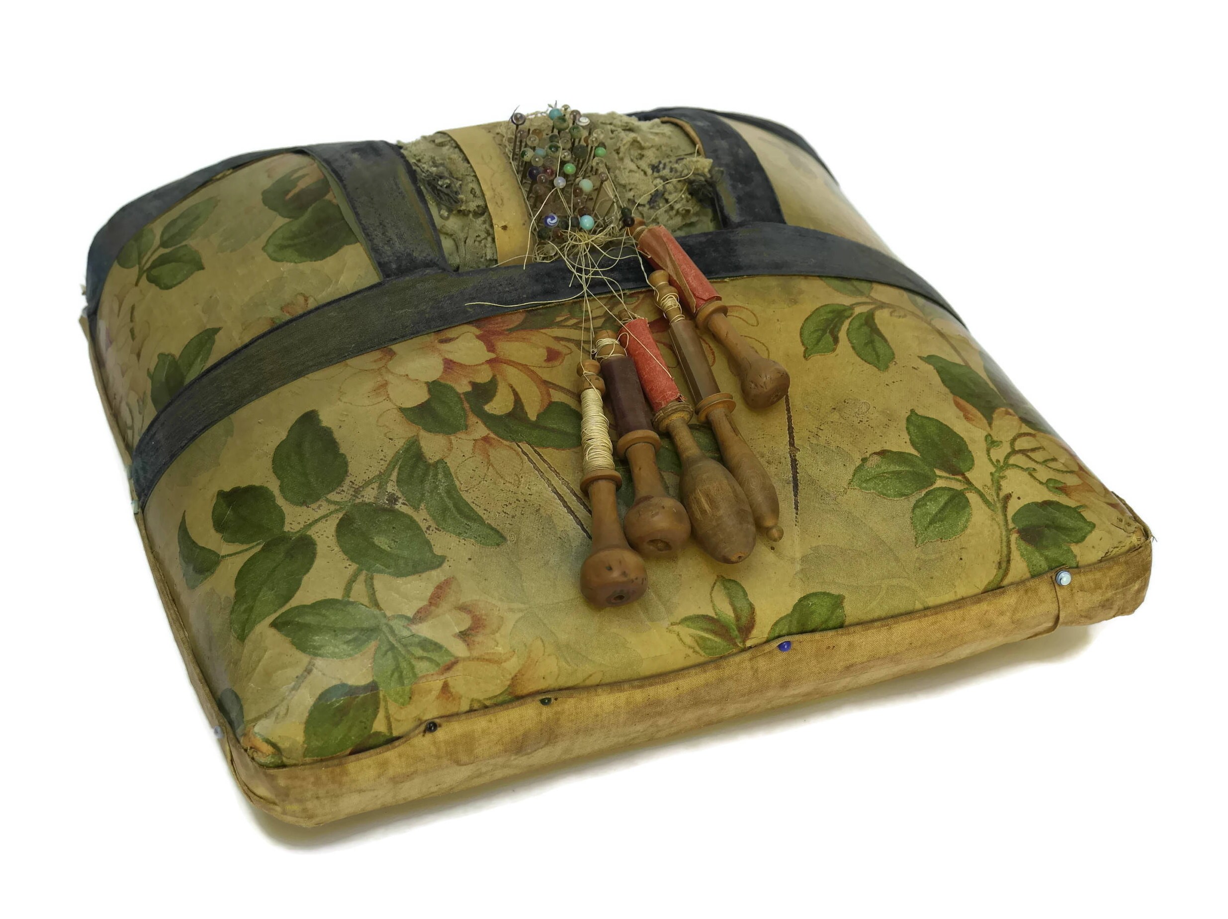Antique French Bobbin Lace Maker's Pillow with Wooden Lace Bobbins and
