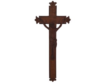 Primitive Hand Carved Wood Crucifix, Large French Wall Hanging Cross with Jesus Figurine