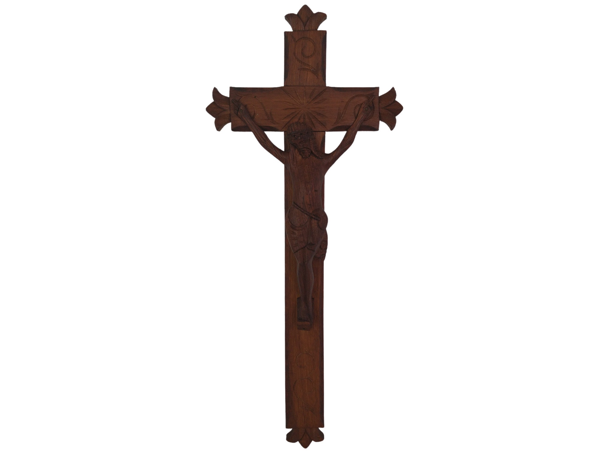 Crucifix Primitif en Bois Sculpté à La Main, Grande Français Croix Suspendue Murale avec Figurine de
