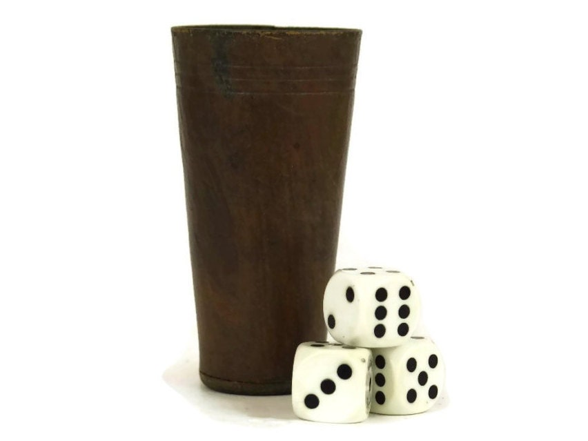 French Vintage Leather Dice Shaker Cup and Dice Set.