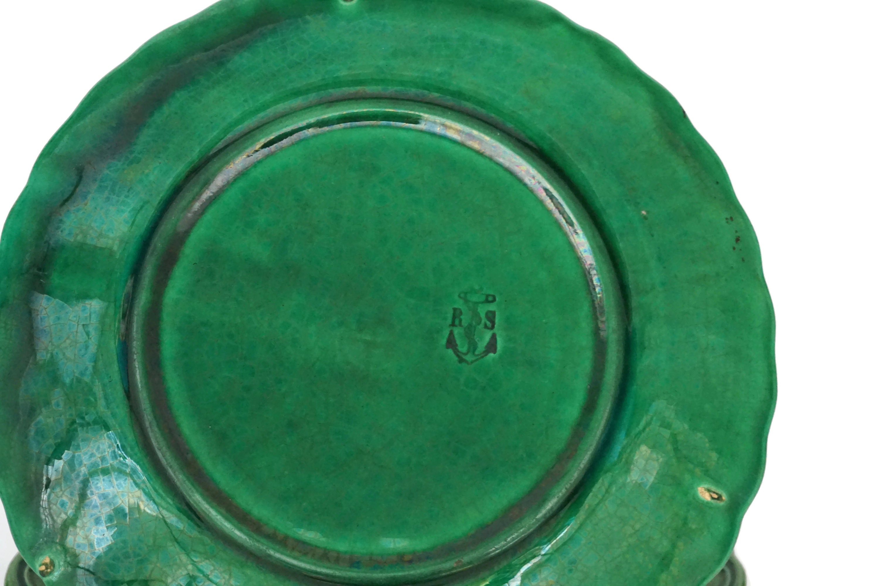 Green Majolica Plate Set of 4, Antique French Grape Vine Leaf Plates