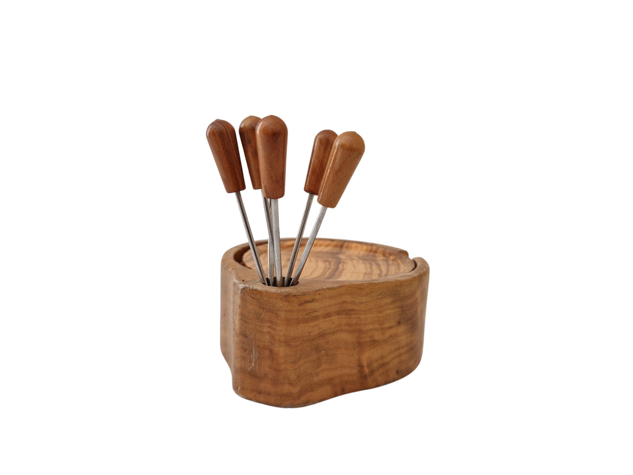 French Olive Wood Cocktail Pick Holder and Drinks Coaster Set, Mid