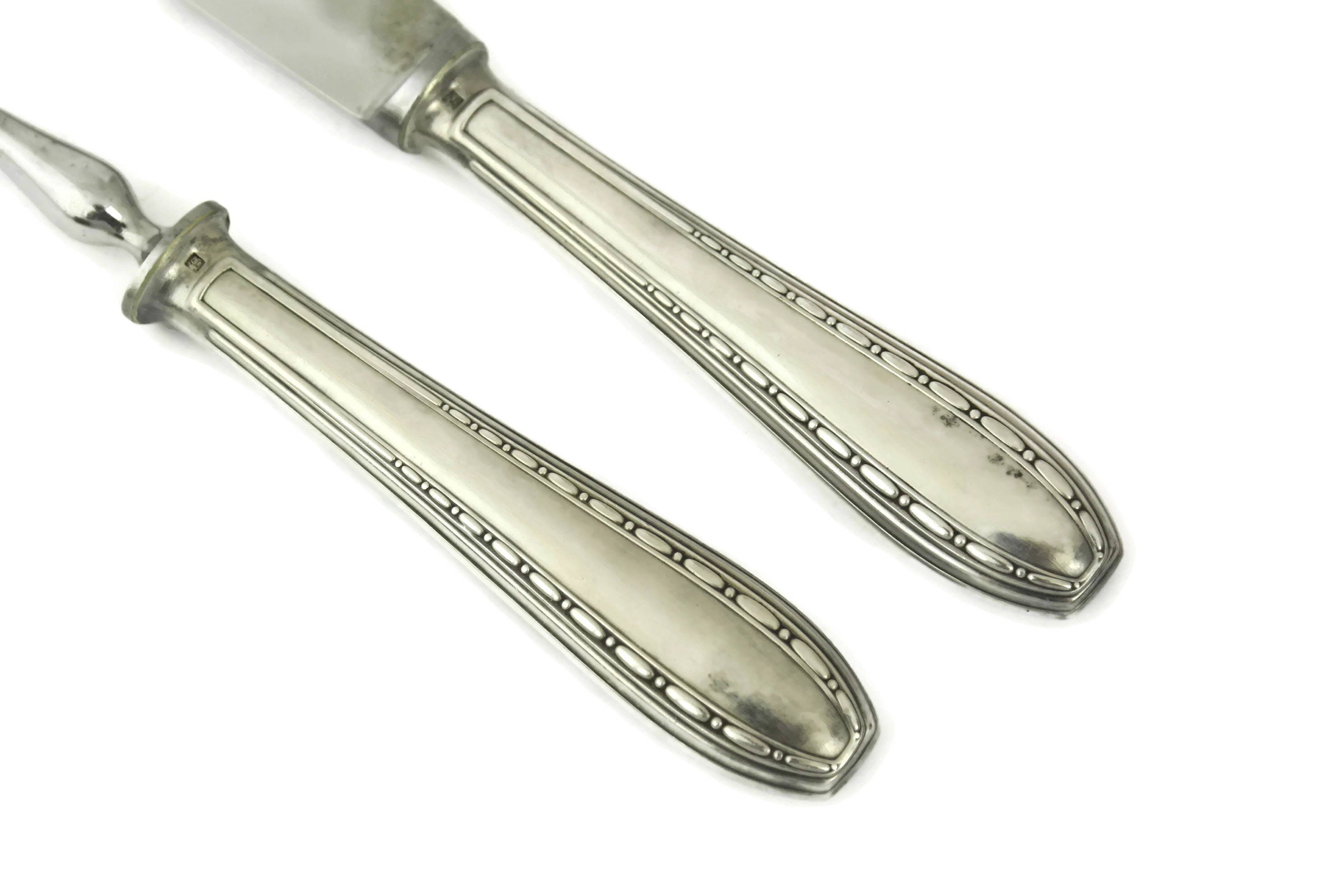 Ercuis Silver Meat Carving Set with Knife, Fork and Roast Clamp, French Art Deco Silverware