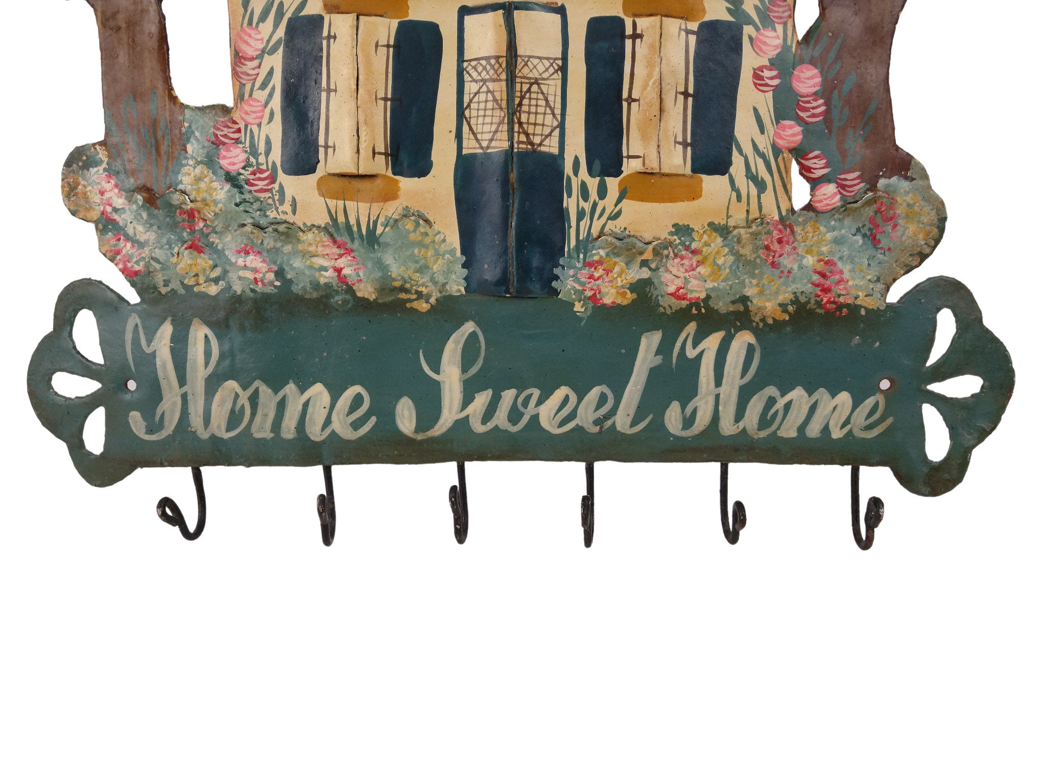Vintage Home Sweet Home Wall Sign with Key Hooks, Hand Painted Country