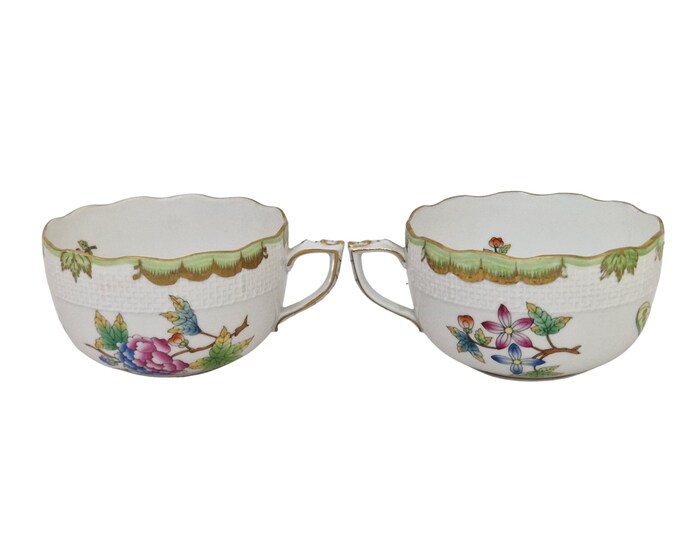 Herend Porcelain Queen Victoria Tea Cup, Set of 2, Hand Painted Decorative Teacups with colorful Peony Flowers and Butterflies