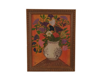 Mid Century Primitive Vase of Flowers Still Life Painting, French Naive Floral Bouquet Art