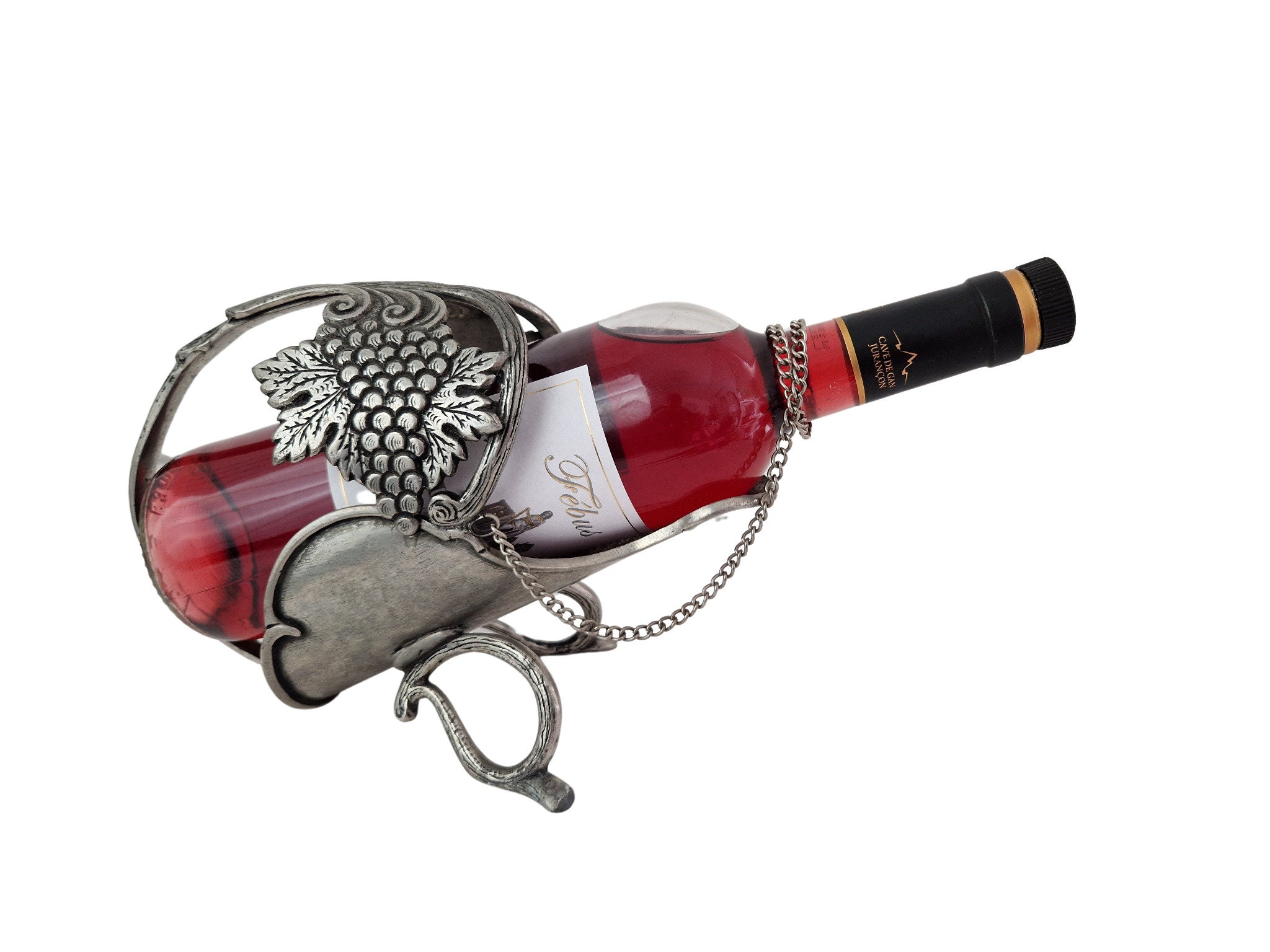 French Wine Pourer Cradle with Grapes and Vine Leaves, Pewter Bottle