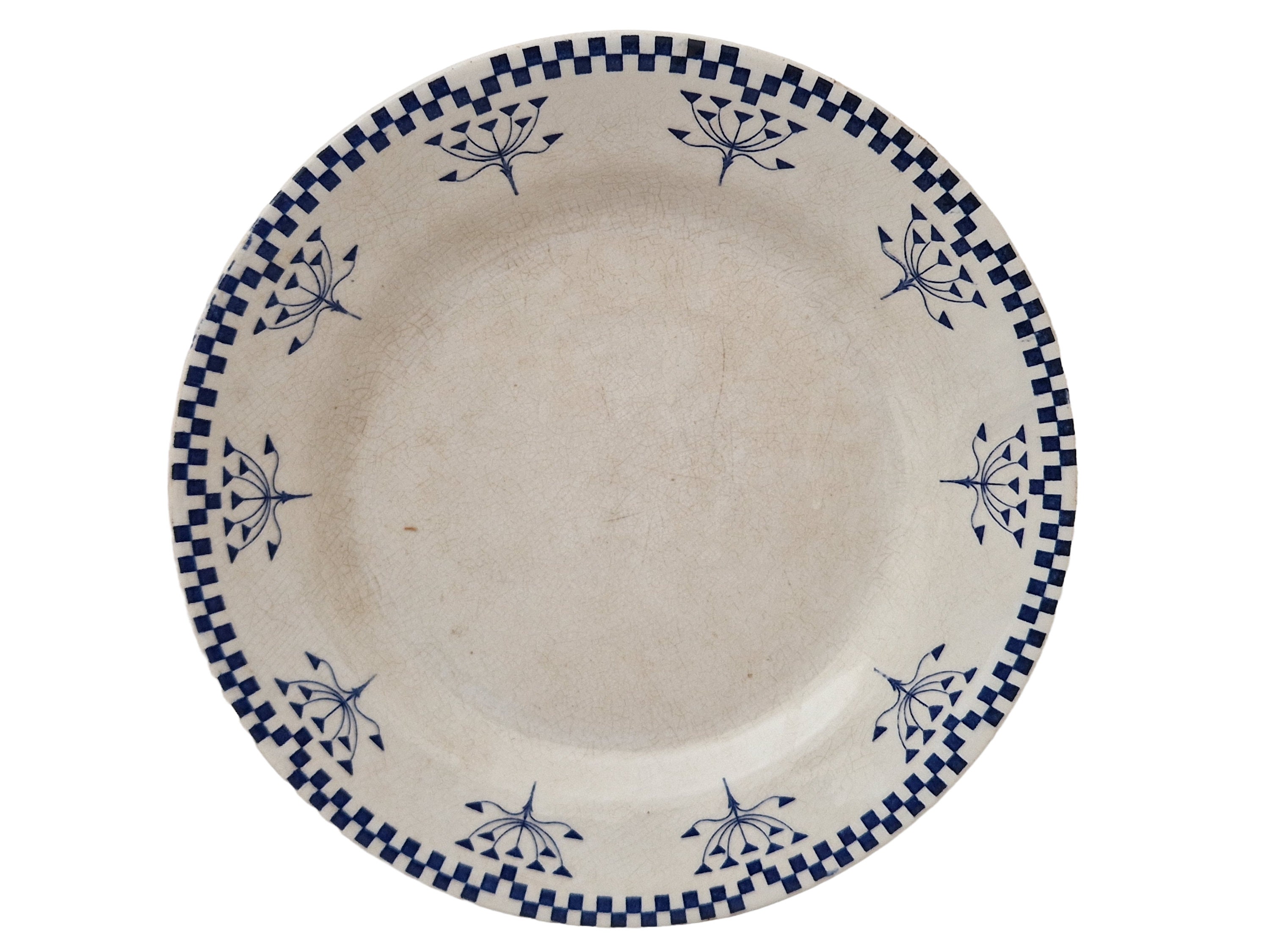 Checkerboard Dinner Plate by Creil Montereau, Antique French Blue