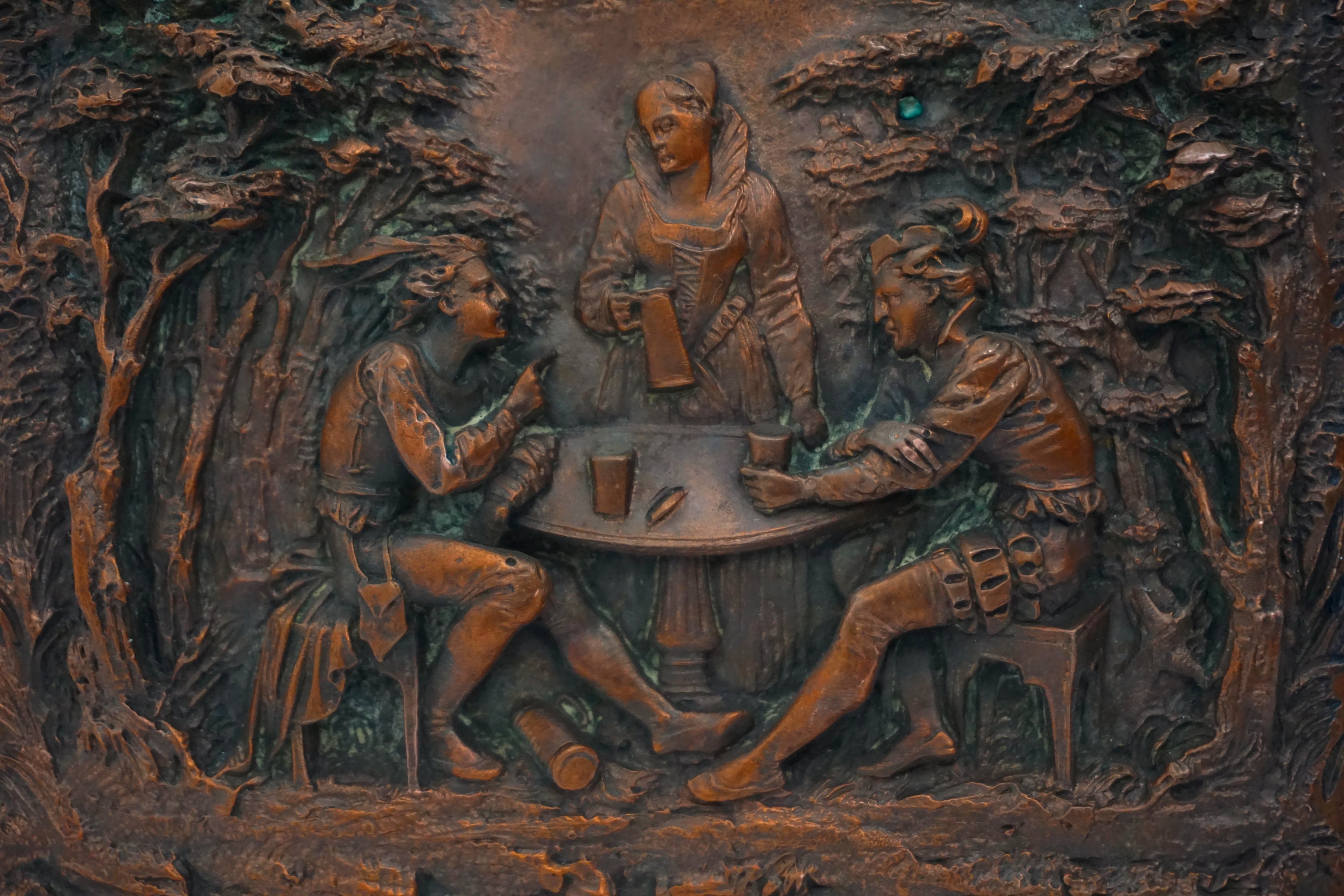 Antique Copper Bas Relief Hanging Plaque, German Wall Art with Dice