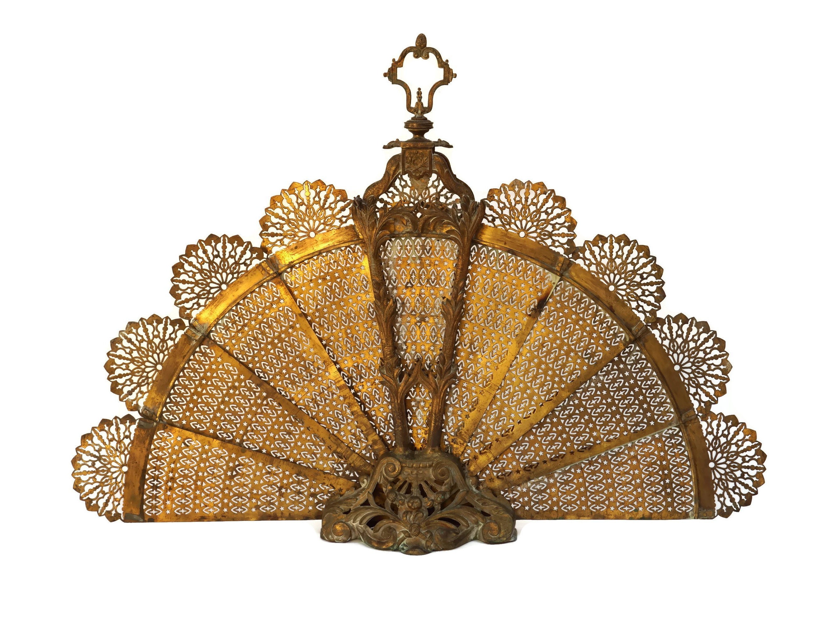 Antique Brass Fan Fire Screen French 19th Century Folding