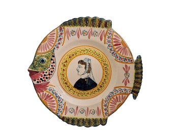 Henriot Quimper Pottery Fish Wall Plate with Breton woman Portrait, Vintage French Hand Painted Faience