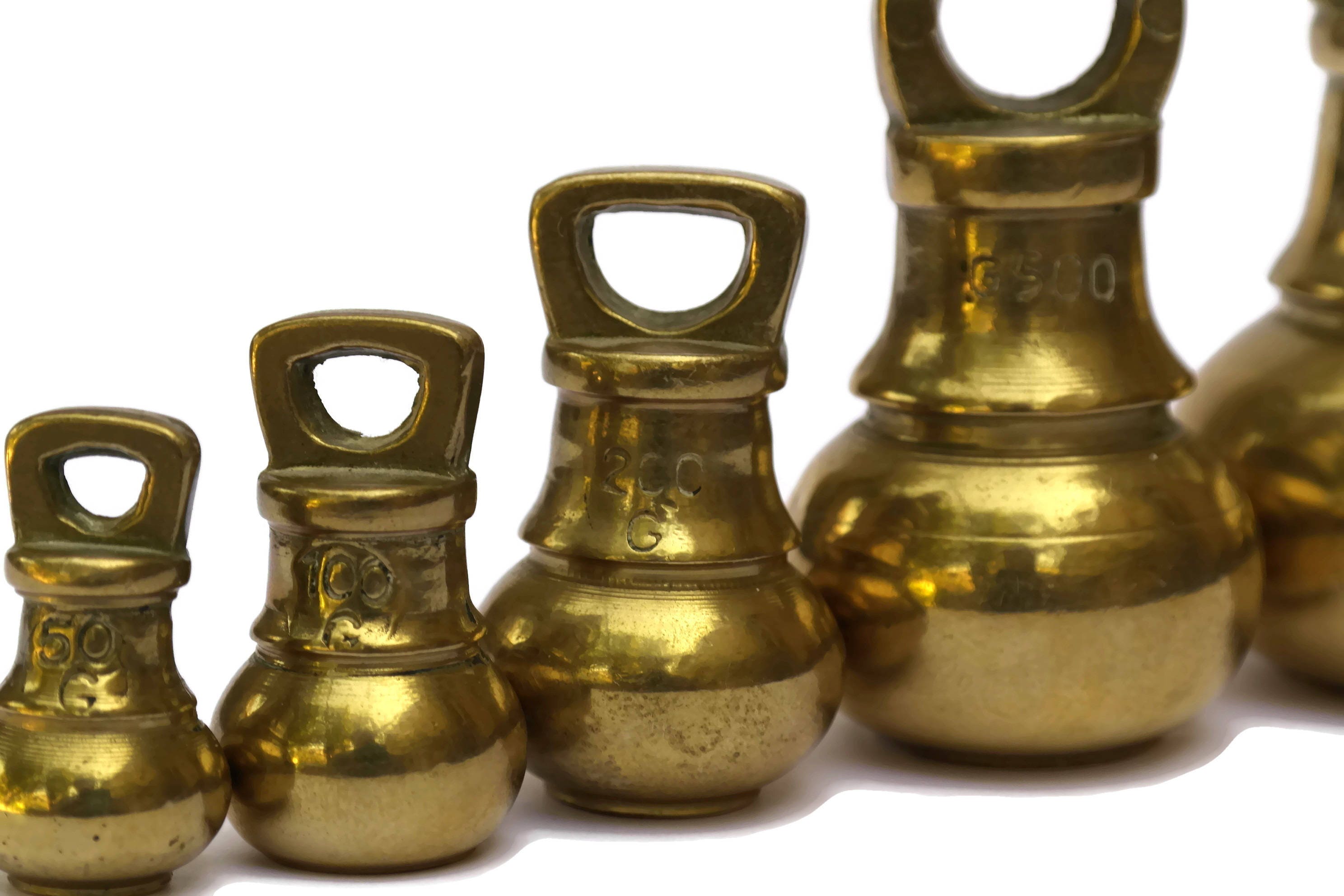Vintage Brass Bell Weights. Set of 5 Kitchen Scale Weights. French