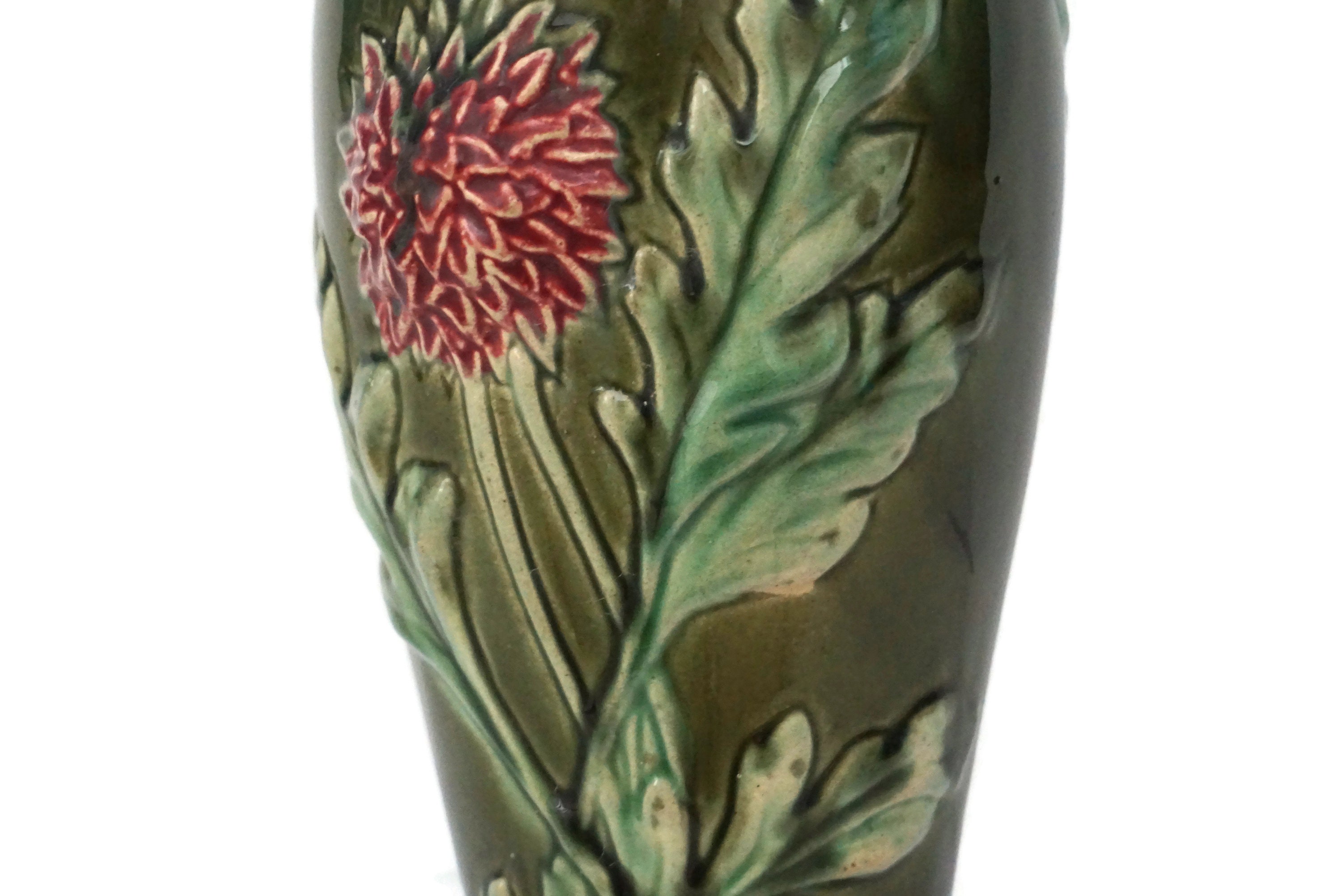 Art Nouveau Majolica Chrysanthemum Vase, Antique French Ceramic Flower