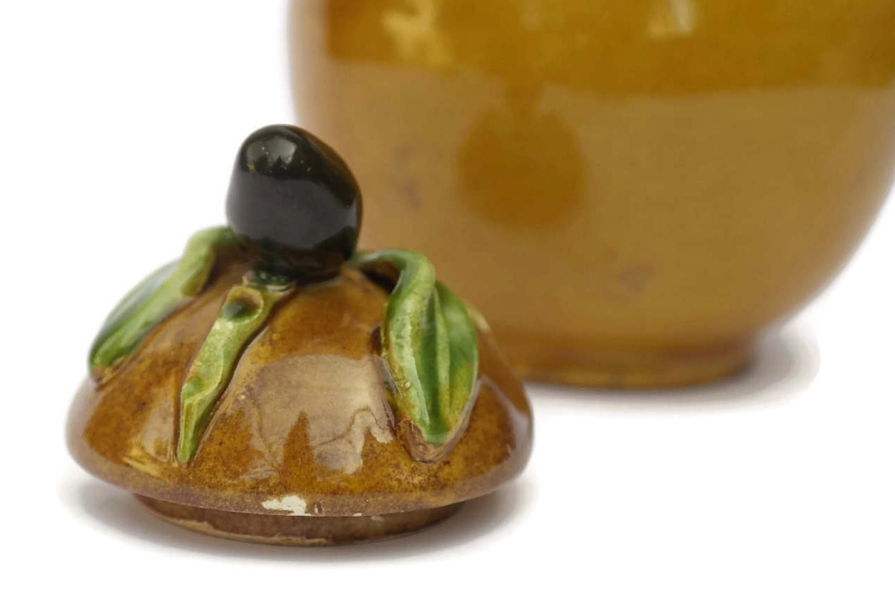 French Olive Jar with Olive Ladle. Wooden Olive Spoon with Glazed