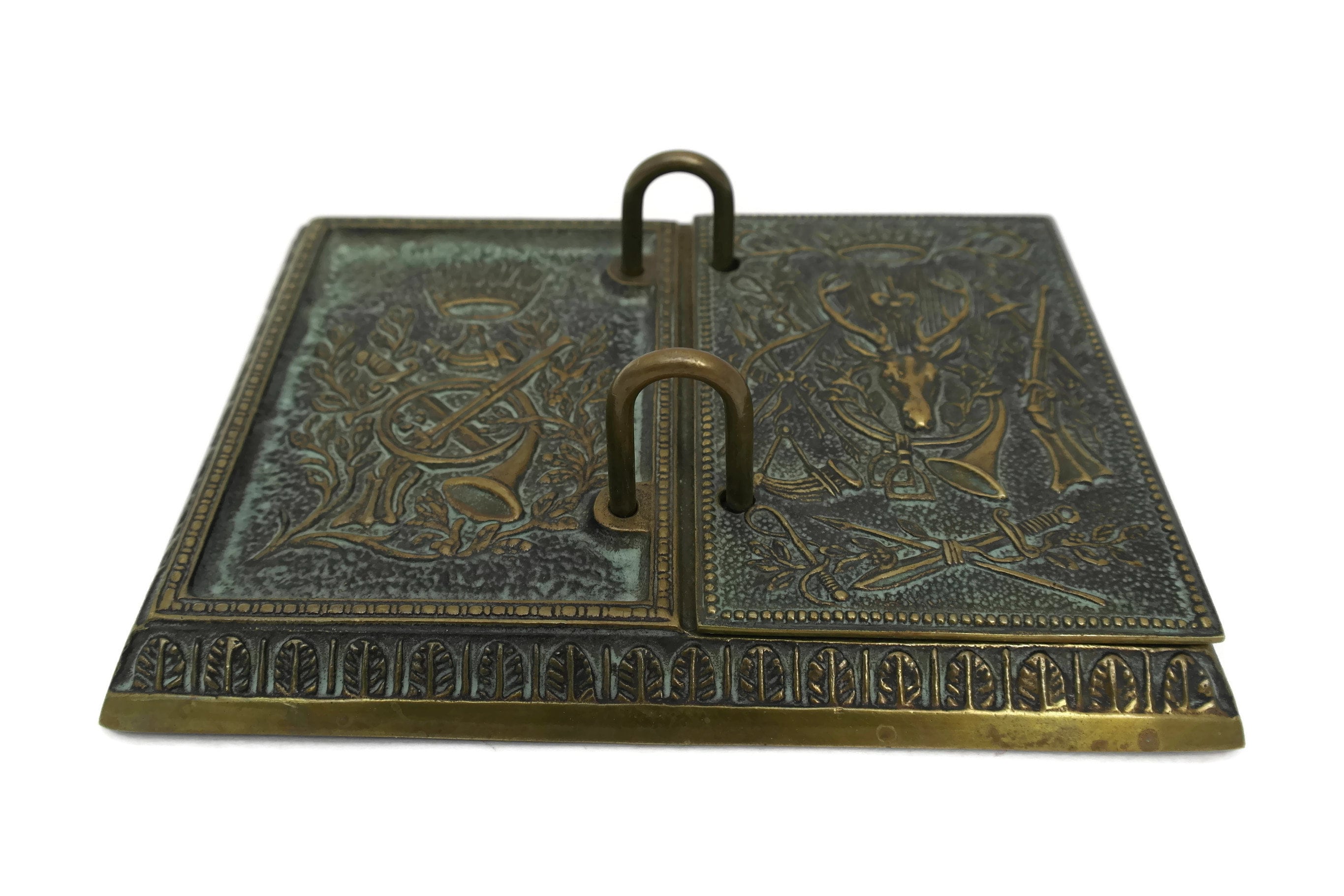 Vintage Notepad Holder with Hunting Scenes. French Signed Bronze Block