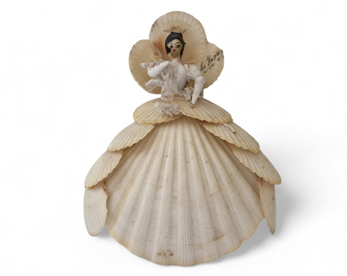 Antique Sea Shell Bride Figurine, French Seashell Art Coastal Souvenir, Victorian Wedding Doll