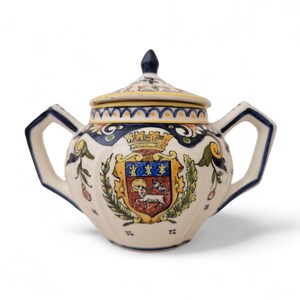 Vintage Desvres Faience Sugar Bowl with Rouen Decor, Hand Painted French Kitchen Storage Canister