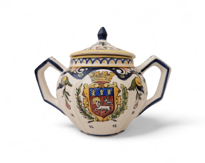 Vintage Desvres Faience Sugar Bowl with Rouen Decor, Hand Painted French Kitchen Storage Canister