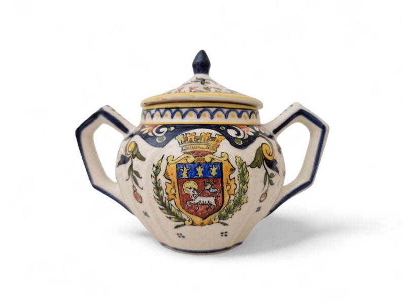 Vintage Desvres Faience Sugar Bowl with Rouen Decor, Hand Painted French Kitchen Storage Canister