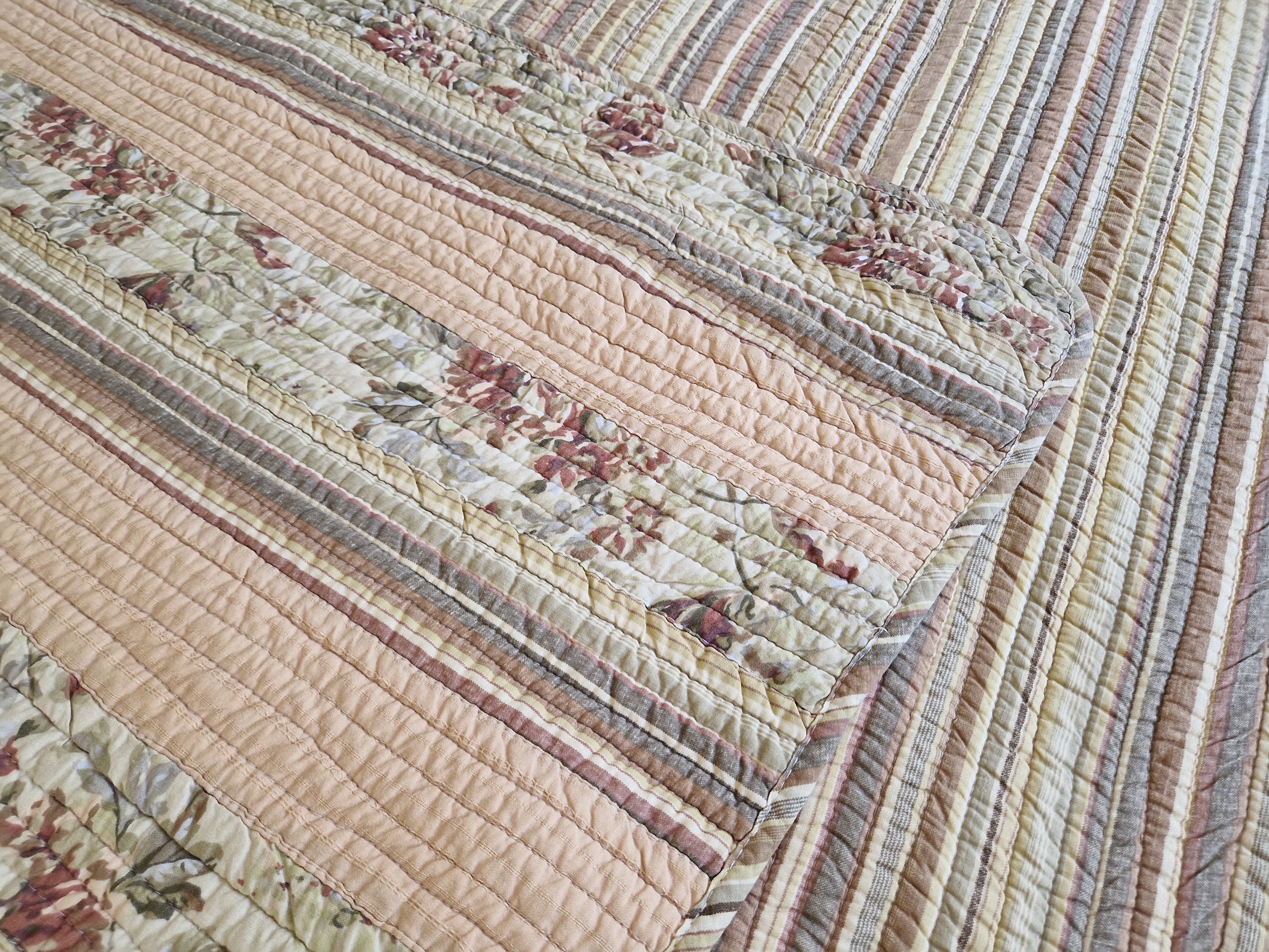 Vintage French Quilt with Rose and Stripe Printed Cotton, Shabby French