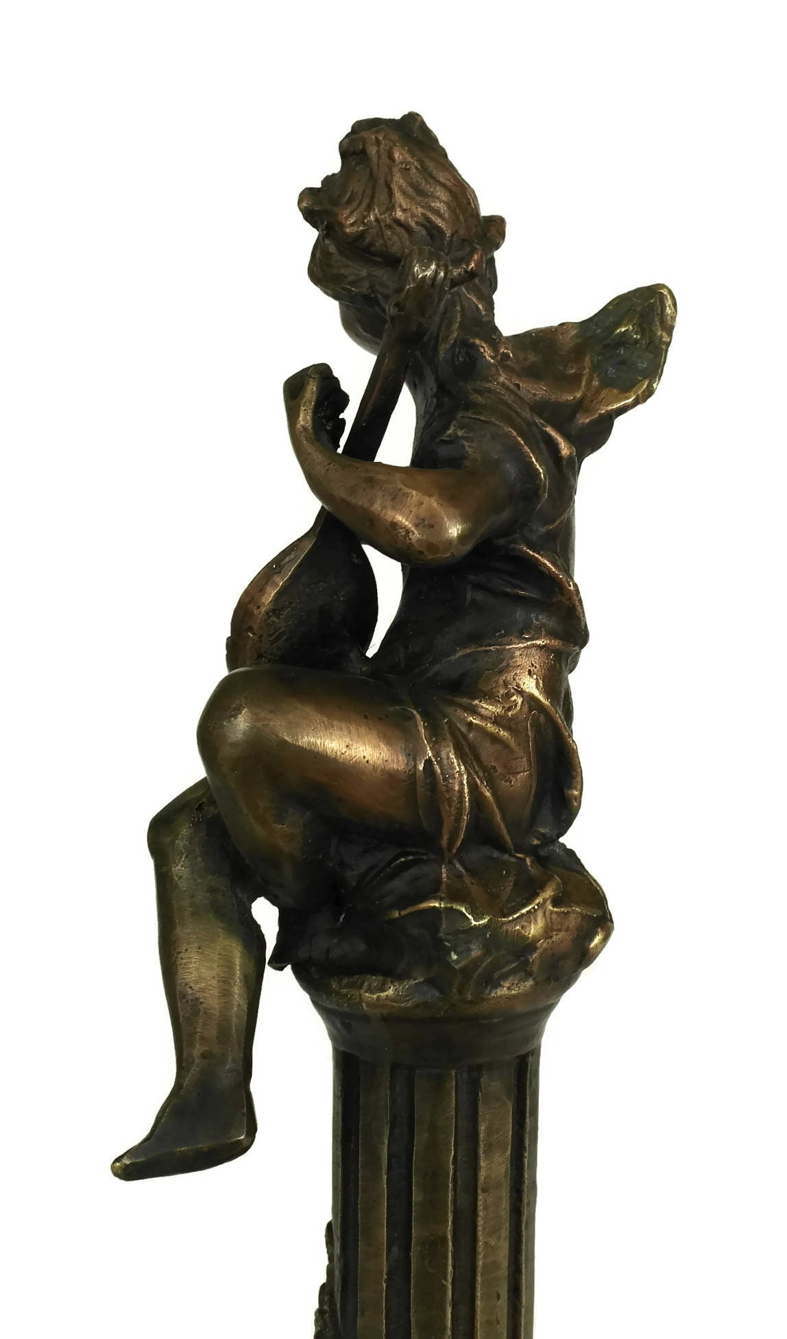 French Vintage Bronze Cherub Statuette, Angel Figurine Playing Musical Instrument