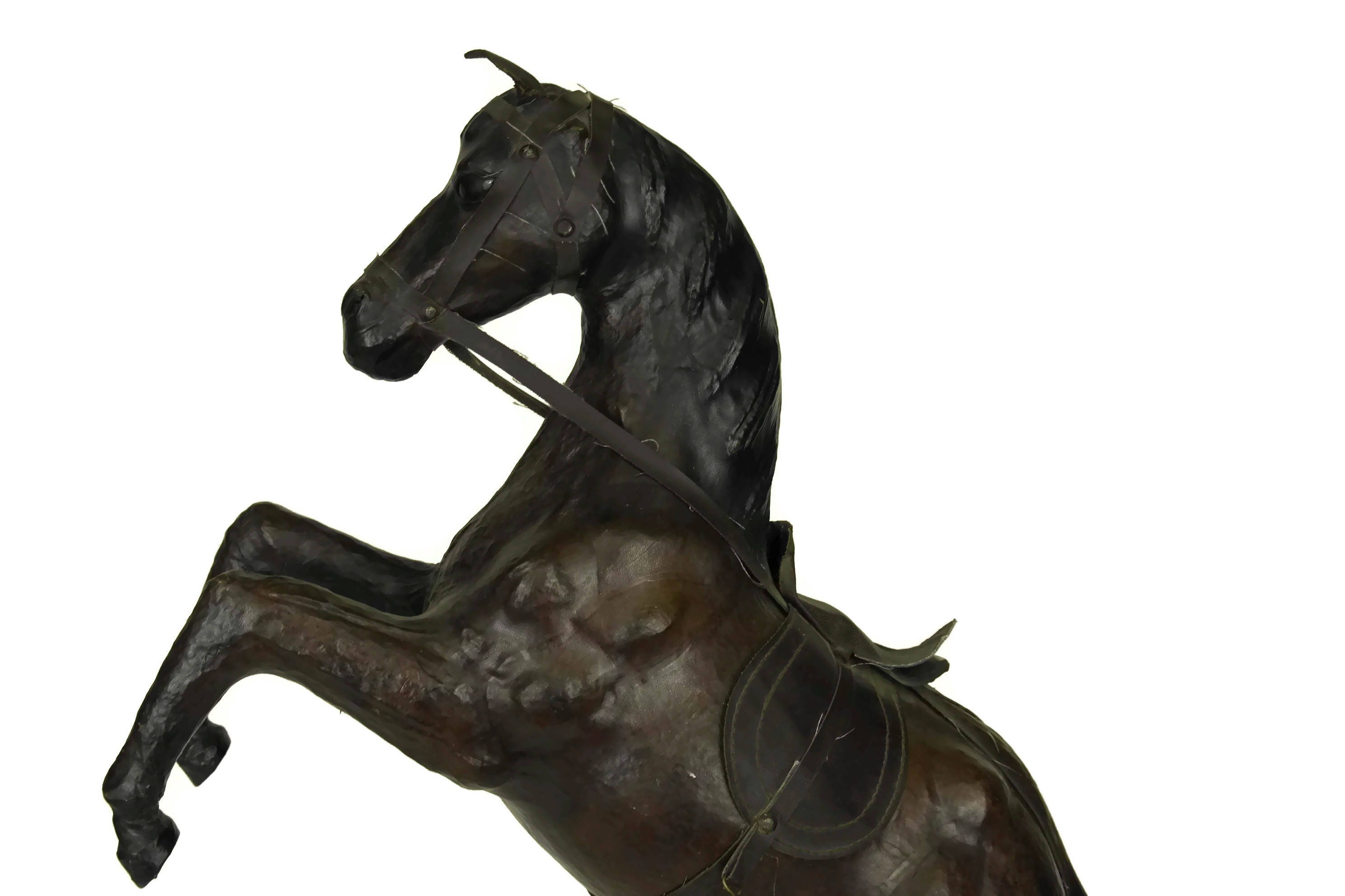 Vintage Leather Horse Figurine, Steed Statue, Equestrian Gift, Boho Office Decor