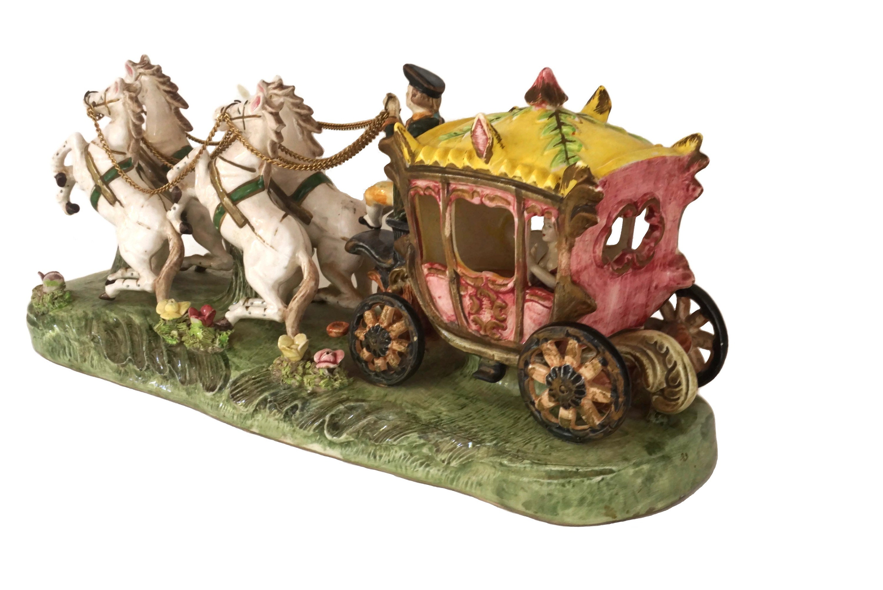 RESERVED for Kaitlin. Vintage Ceramic Horse Carriage Figurine, Princess Cinderella Coach Statue