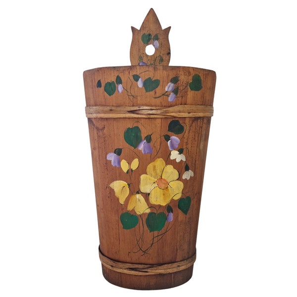 Art populaire Tole Painted Wooden Umbrella Stand, décor de couloir rustique allemand vintage, porte-canne de marche