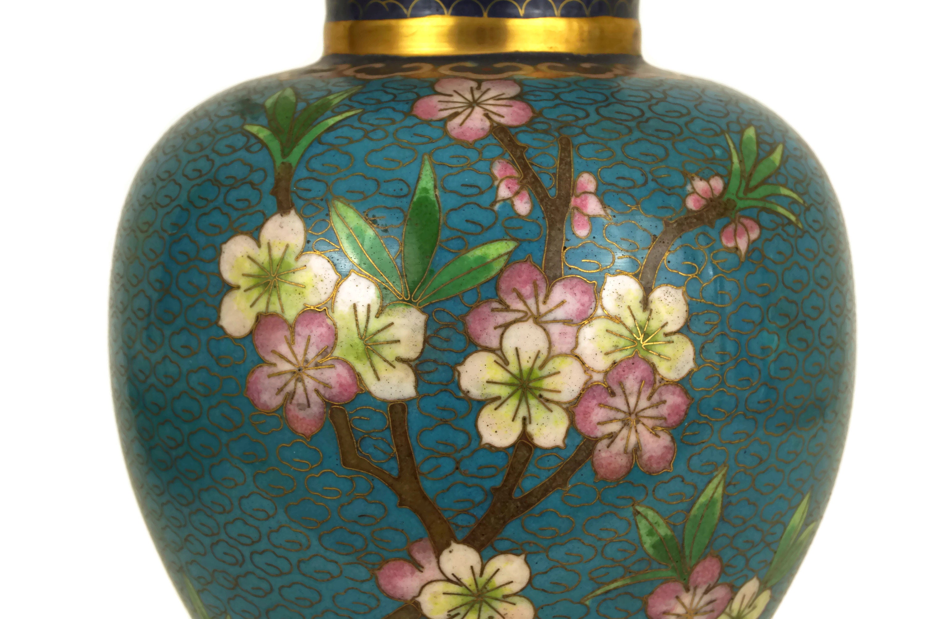 Vintage Cloisonne Vase with Cherry Blossoms and Bird, Turquoise Blue