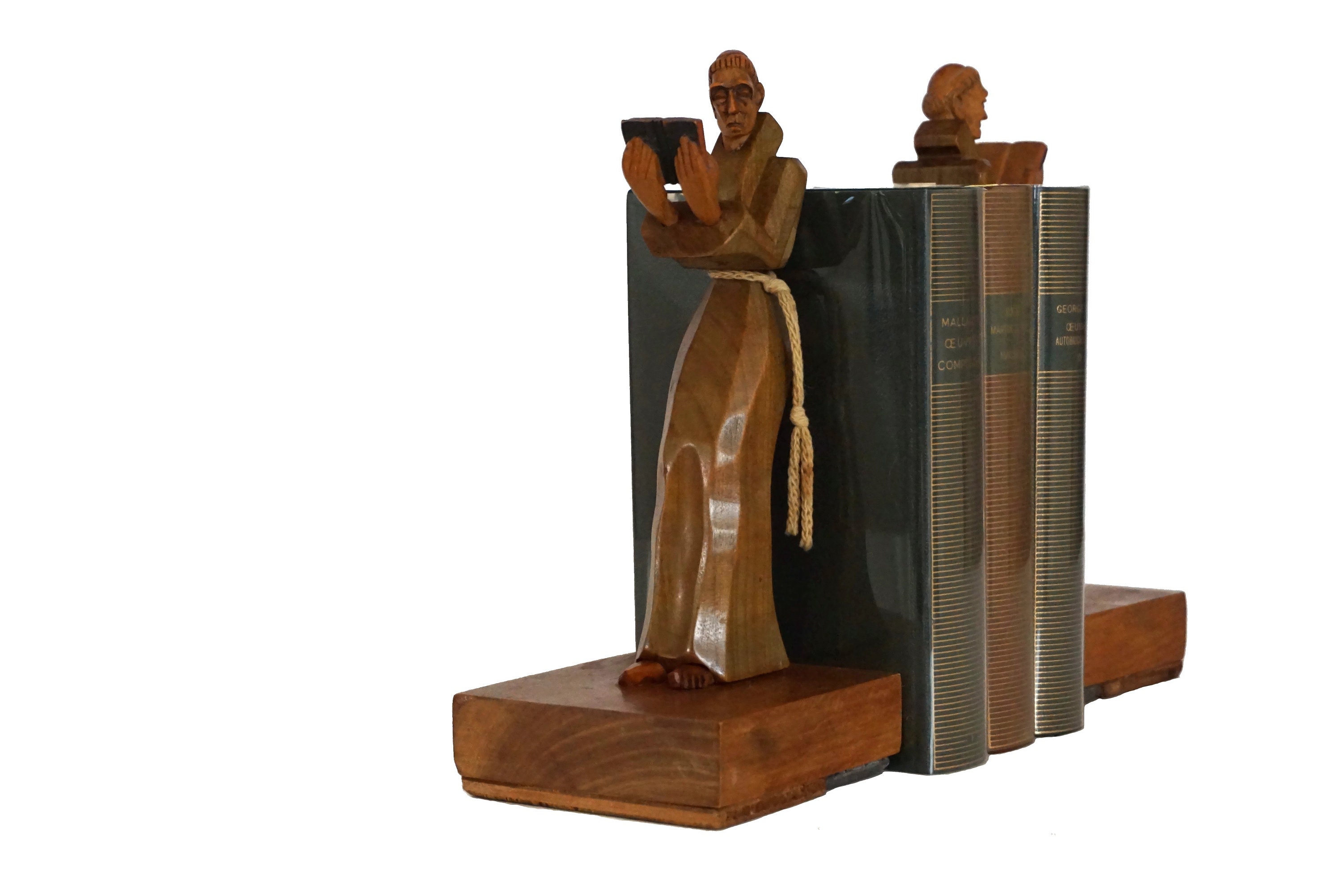 Wooden Monk Figurine Bookends, Carved Wood Art Deco Bookshelf and Desk