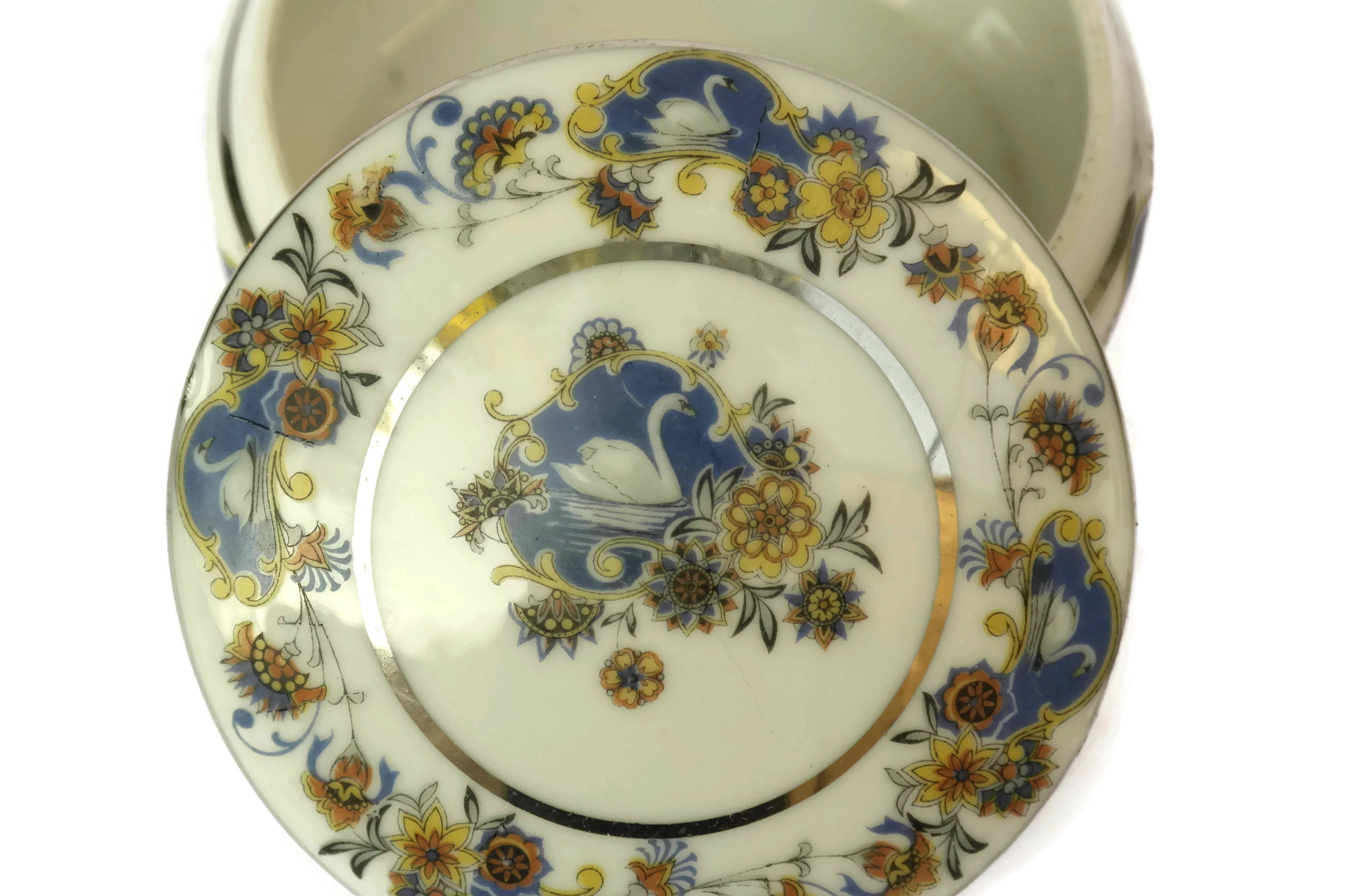 Limoges Porcelain Trinket Dish with Flowers and Swans. French Vintage Jewelry Box.