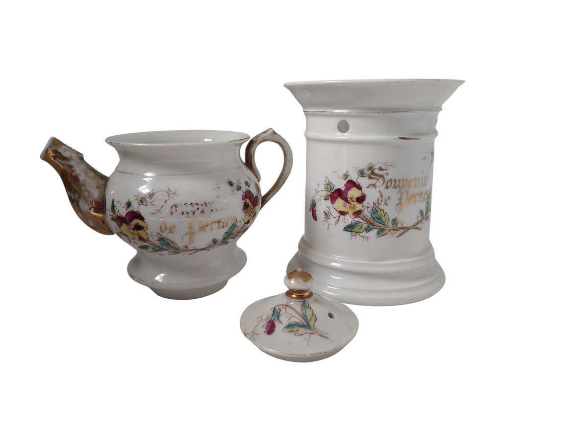 Antique French Porcelain Teapot With Warmer Stand With Pansy Etsy