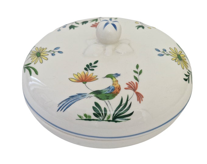 Gien Ceramic Candy Dish with Birds of Paradise, French Faience Lidded Jewelry Box