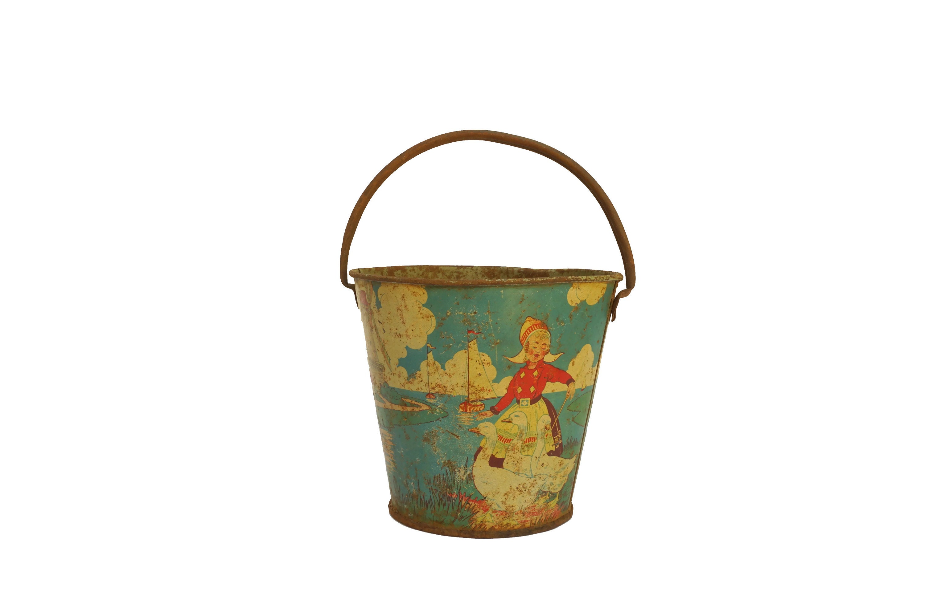 Antique Tin Beach Bucket Set, French Tole Sand Pail Sand Box Toys