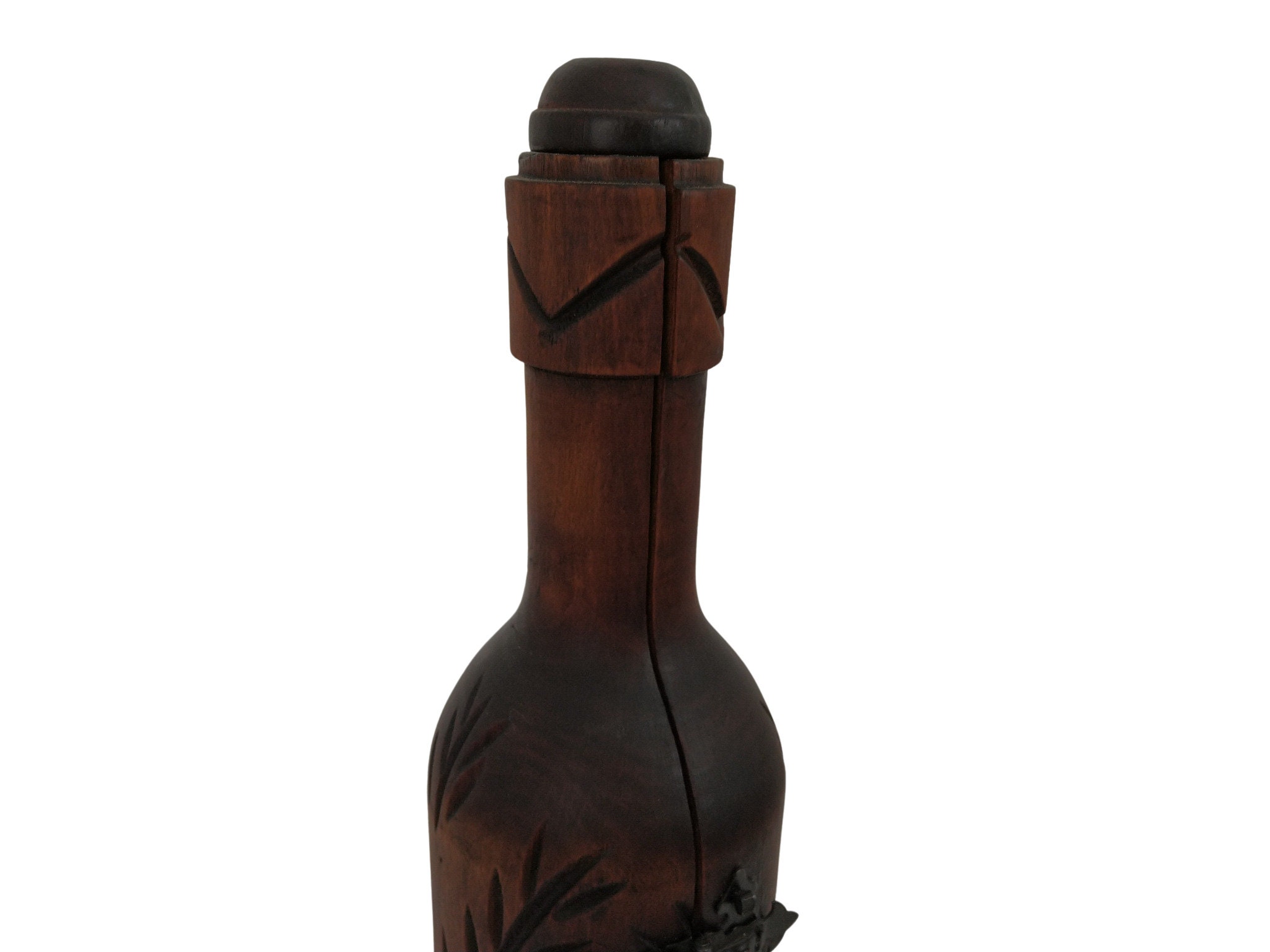 Carved Wood Secret Wine Bottle Box, Mid Century Barware Gift