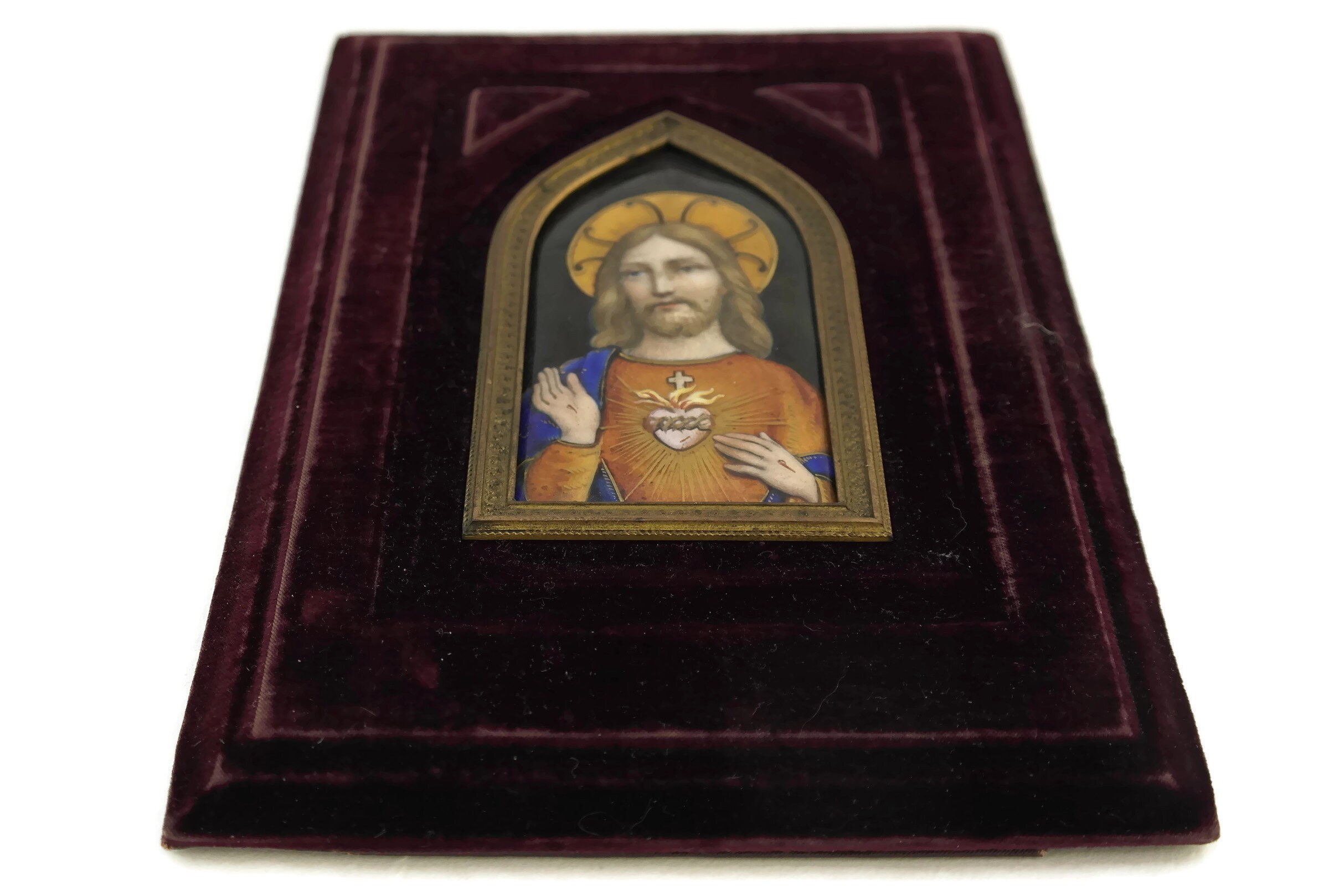 Antique Jesus Christ Portrait with Sacred Heart. Hand Painted French