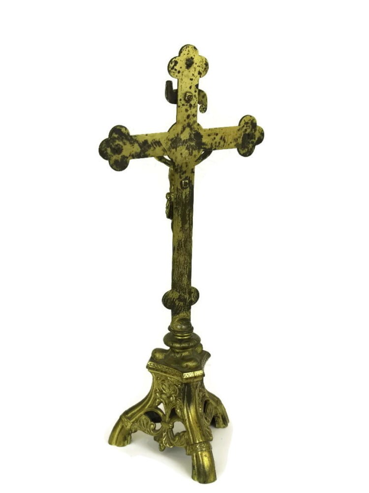 Antique French Brass Standing Crucifix. 19th Century French Antique
