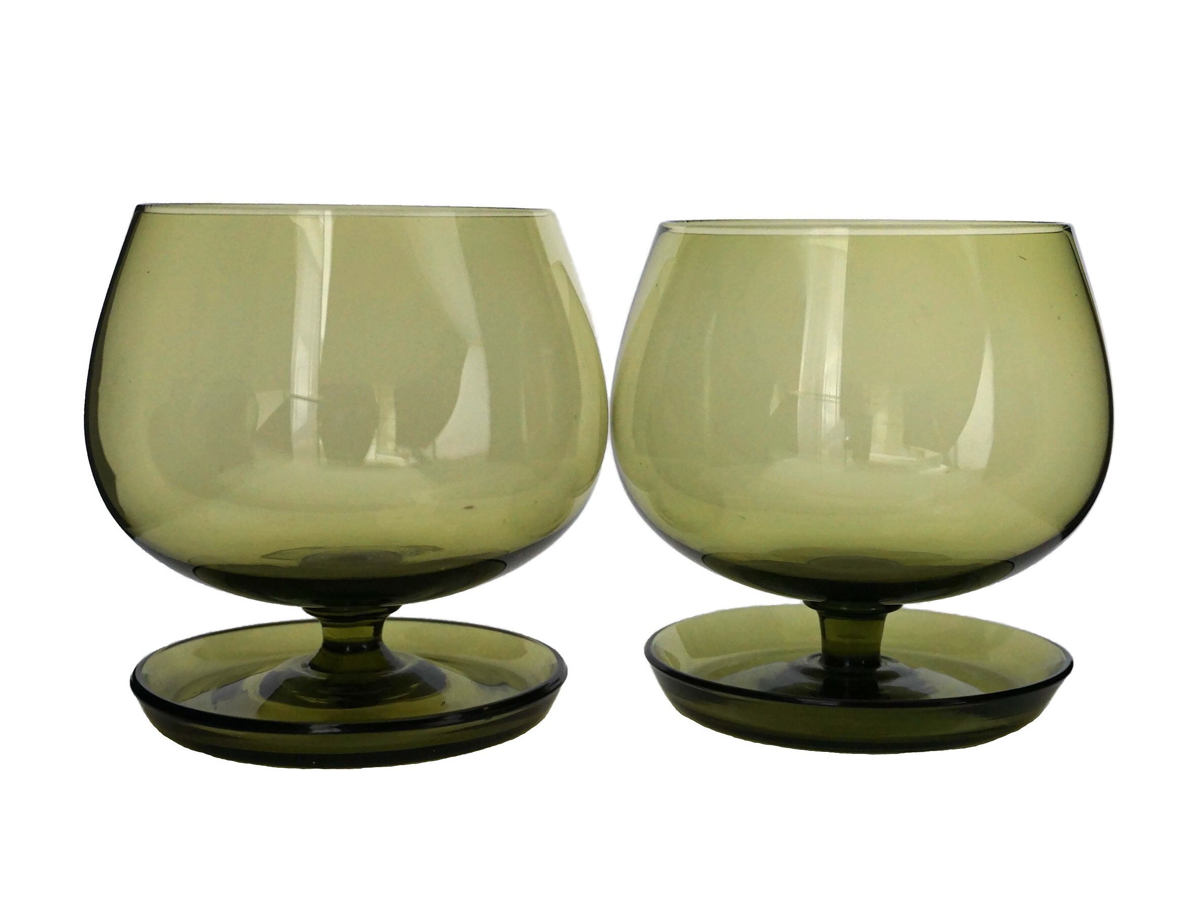 Green Crystal Brandy Snifter Glasses Pair, Mid Century Barware Set