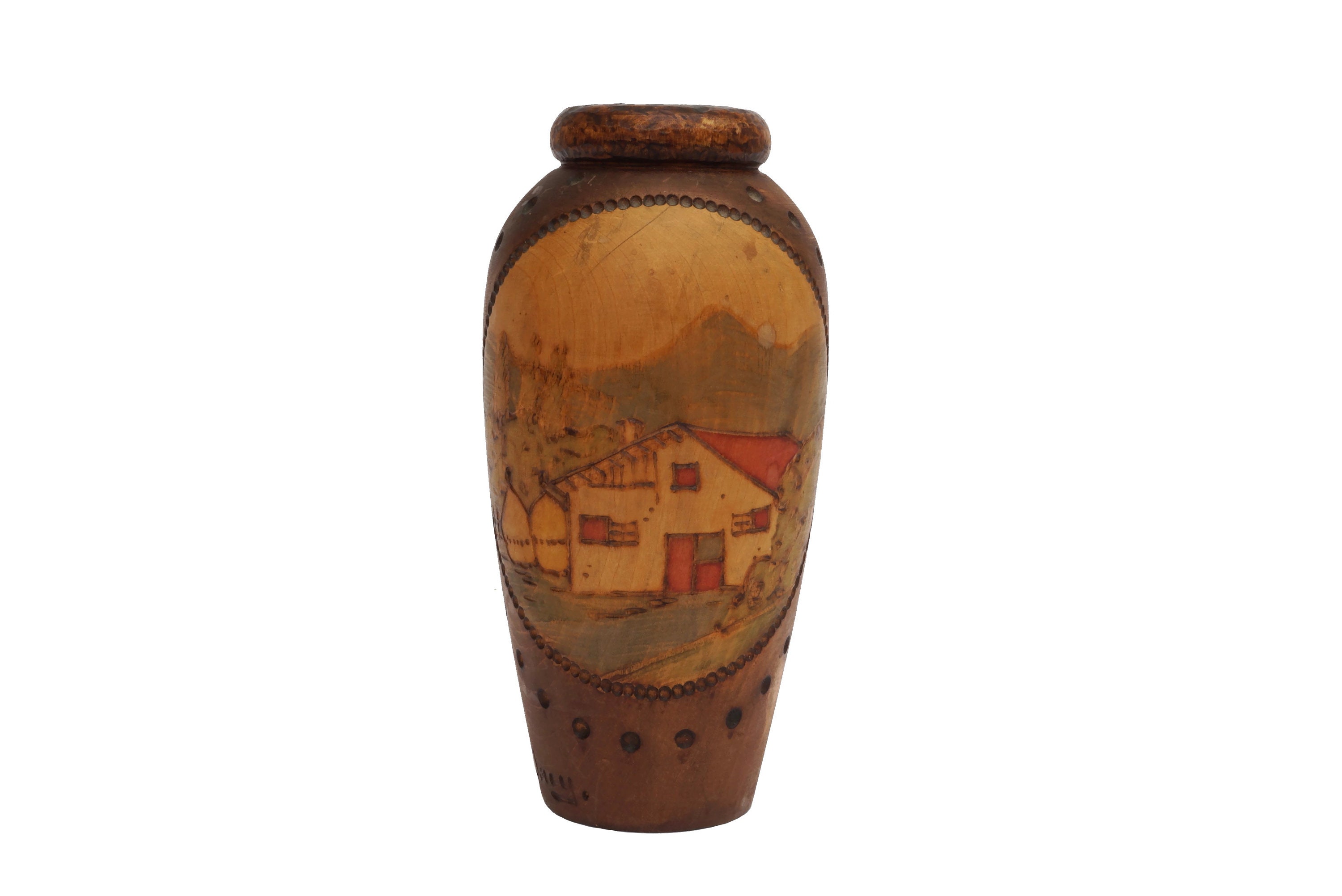 Vase en Bois Peint à La Main avec Français Paysage de Campagne, Urn Sculpté Vintage Arts & Crafts