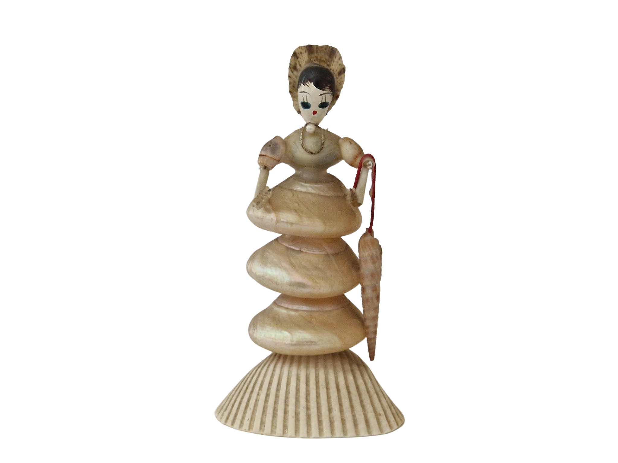 Vintage Sea Shell Lady Figurine, French Seashell Art Coastal Souvenir