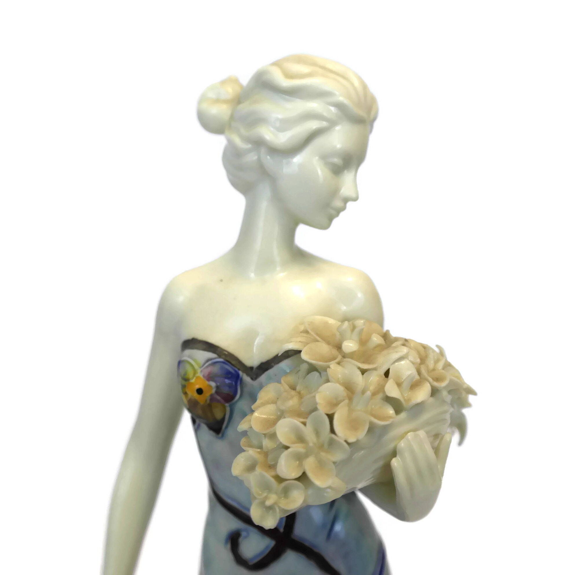 French Porcelain Lady Figurine with Frangipani Flower Basket. Woman Art