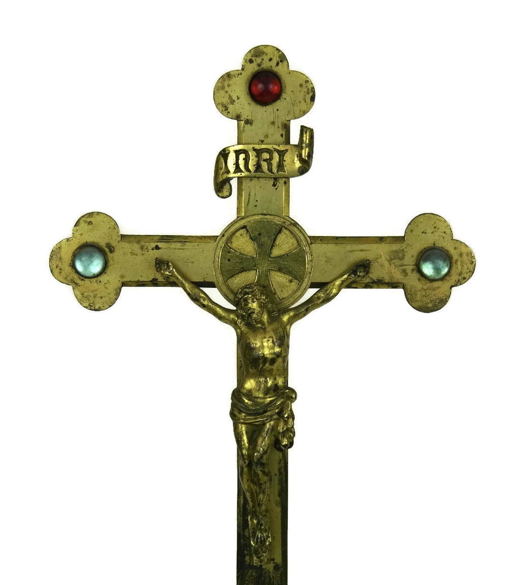 Antique French Brass Standing Crucifix. 19th Century French Antique