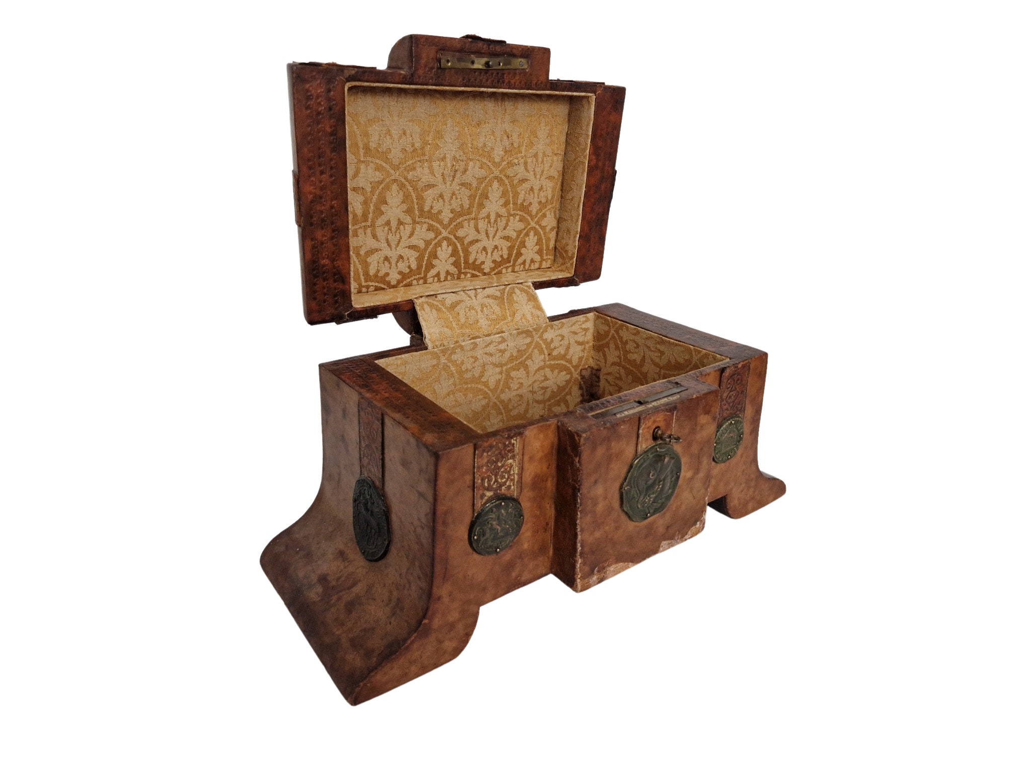 French Antique Leather Candy Box with Medals and Coins by La Marquise