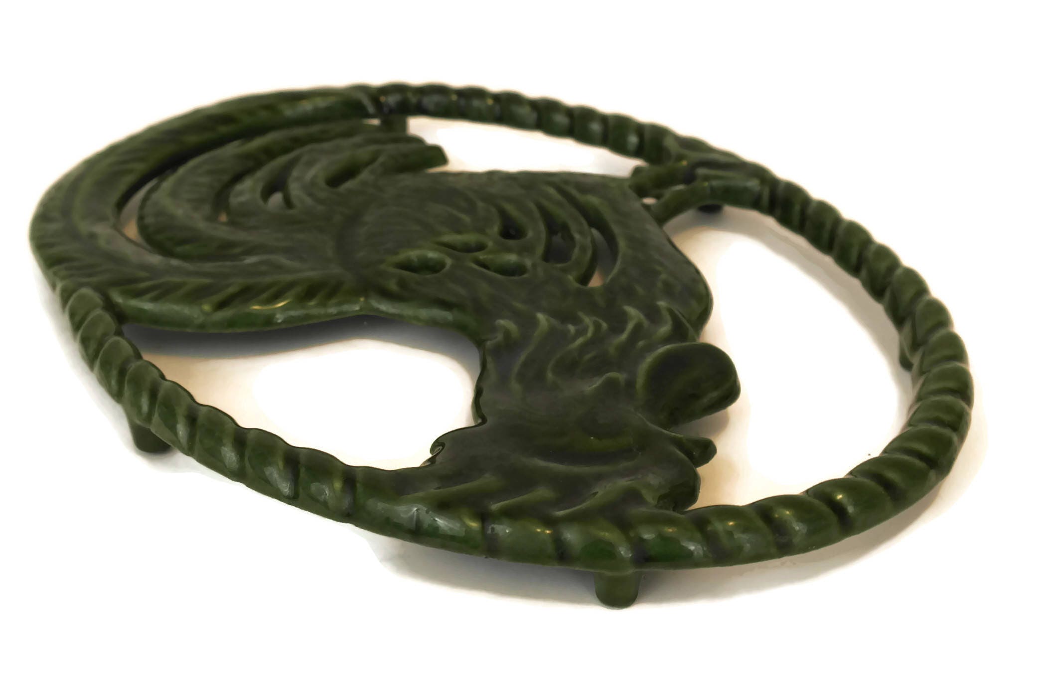 French Enamel Rooster Trivet. Vintage Pot Rest. Country Cottage Green