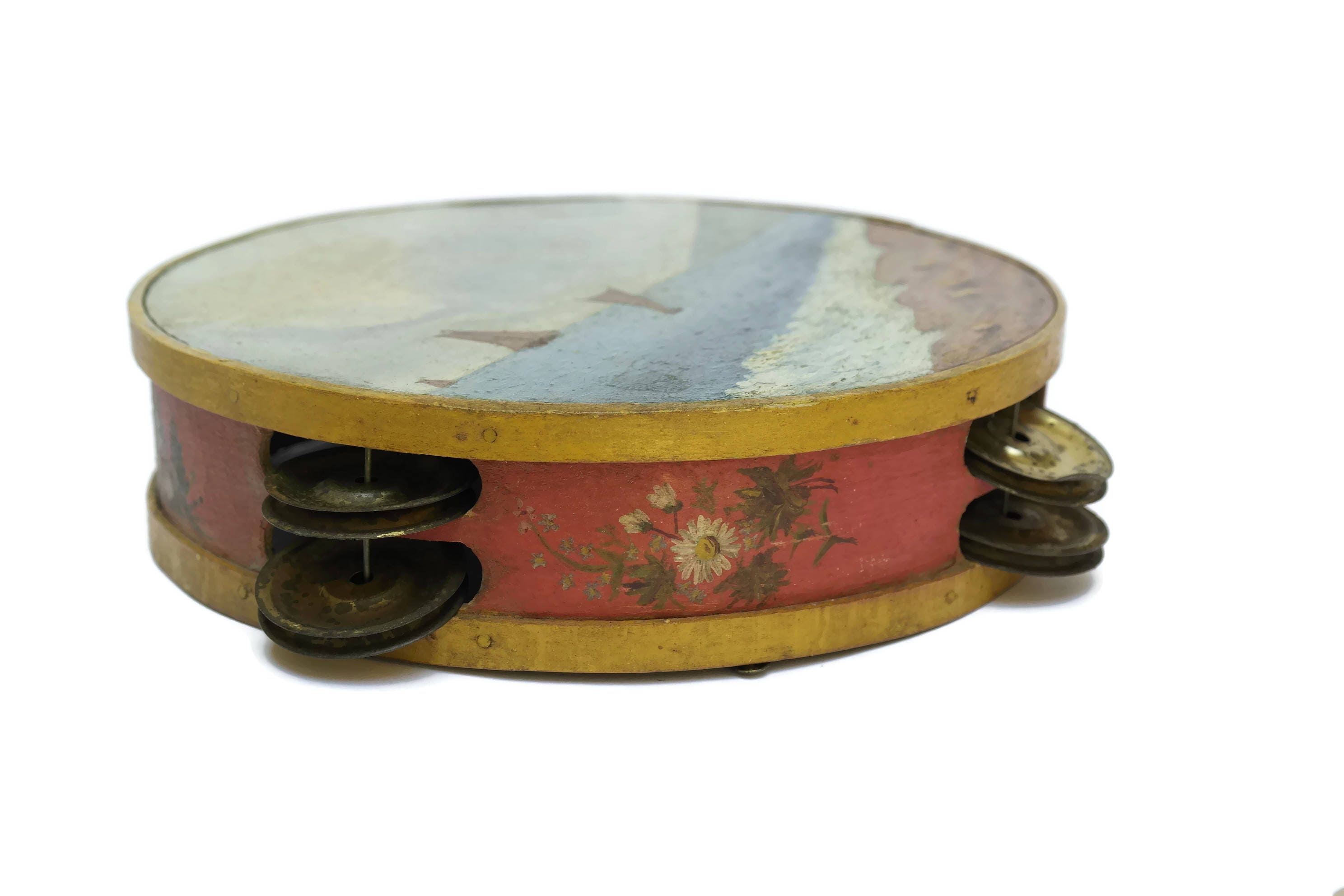 Antique French Hand Painted Tambourine, Seascape Painting with Sailing
