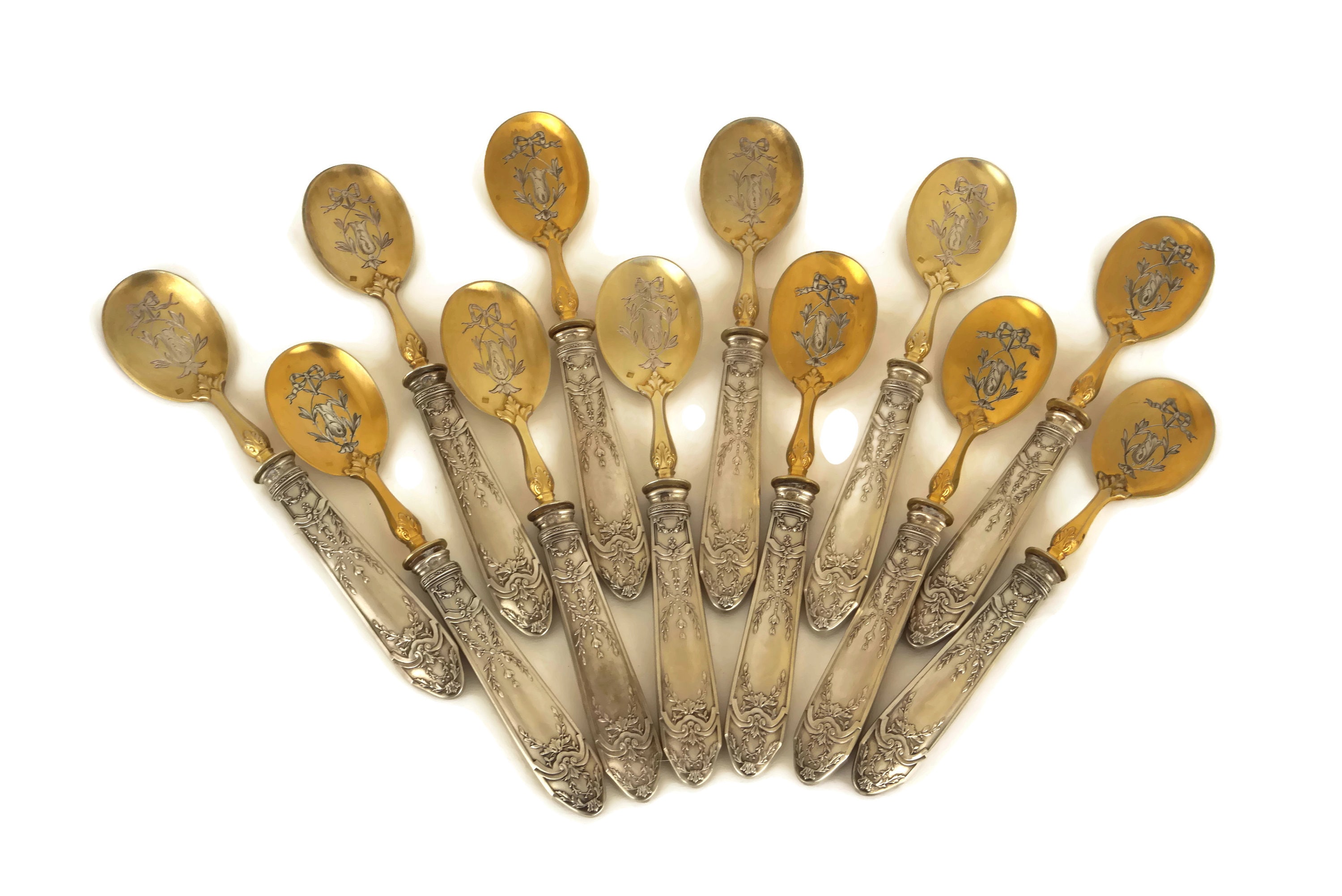 French Antique Silver Dessert Spoon Set of 12, Vermeil and Sterling