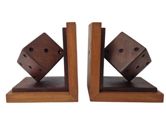 Art Deco Wooden Dice Bookends Pair, French Office and Desk Decor, Gift for Him