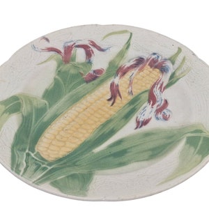 French Antique Majolica Plate with Corn Cob by Keller & Guerin St Clement, Ceramic Kitchen Wall Hanging Decor image 3