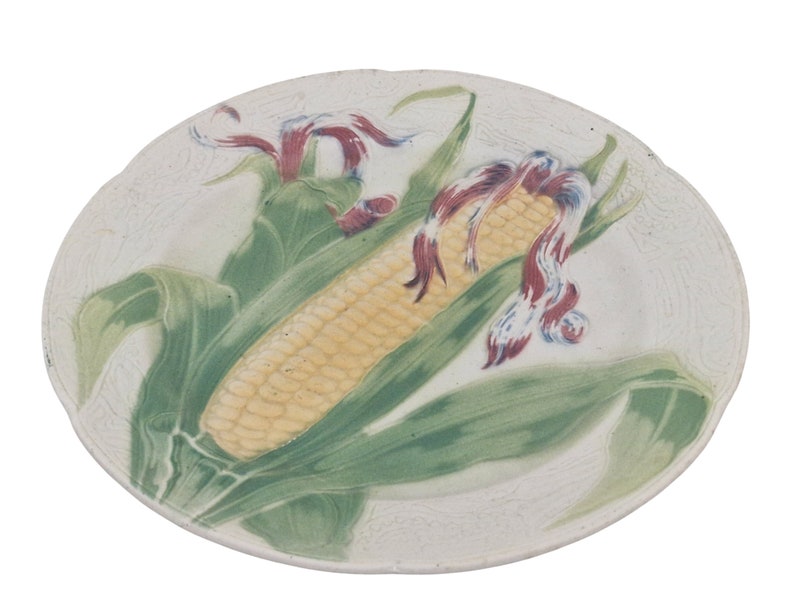 French Antique Majolica Plate with Corn Cob by Keller & Guerin St Clement, Ceramic Kitchen Wall Hanging Decor image 3